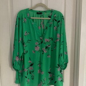 Tahari Green Floral Split-V Blouse with Pink Blossoms